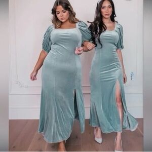 JessaKae Eloise Dress Sea Glass Size XL Velvet Puff Sleeve Square Neck Maxi